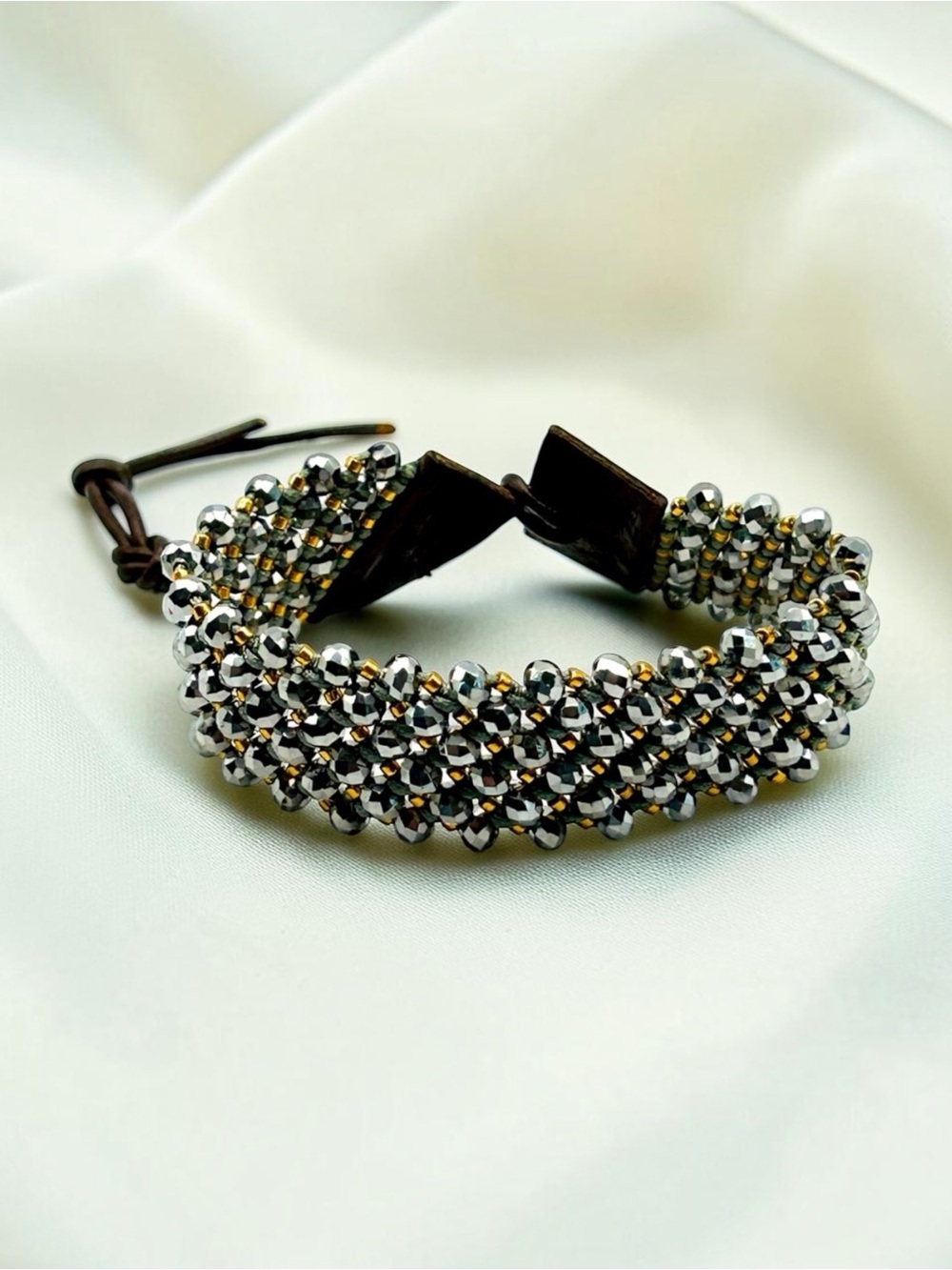 Chan Luu Two Tone Crystal and Brown Leather Bracelet 7-9”